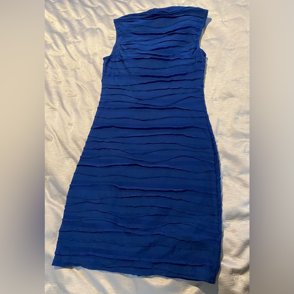 Max Studio Drape Neck Sleeveless Royal Blue Bodycon Dress. Size S. Ruched Side. - Picture 4 of 4